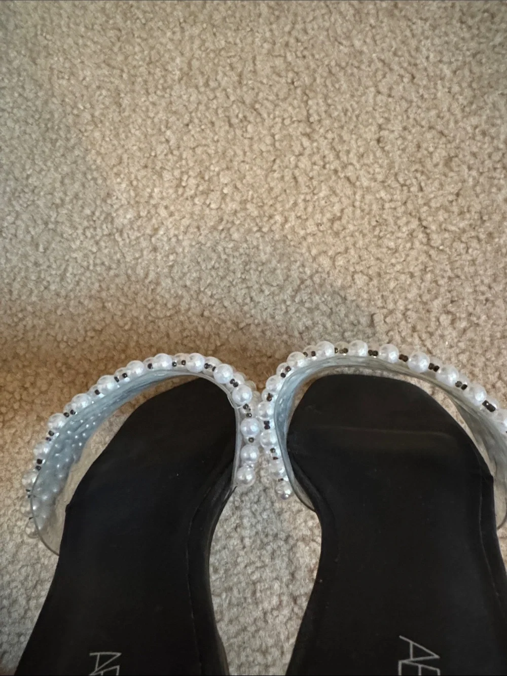 Black Slides with Pearl-Studded Straps - Size 7